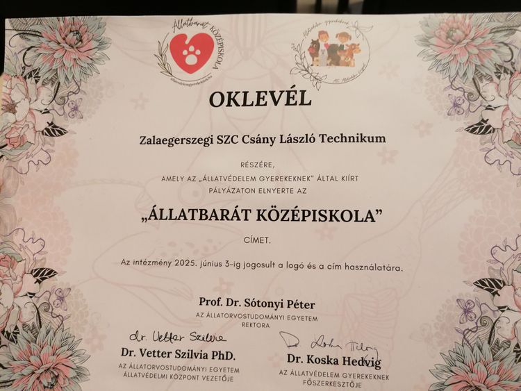 Állatbarát Középiskola címet nyert iskolánk 